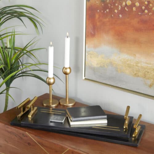 BLACK MARBLE TRAY WITH GOLD HANDLES, 22″