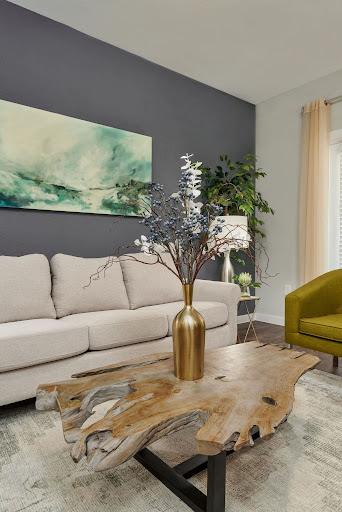 stylish living room showcasing dark accent wall.