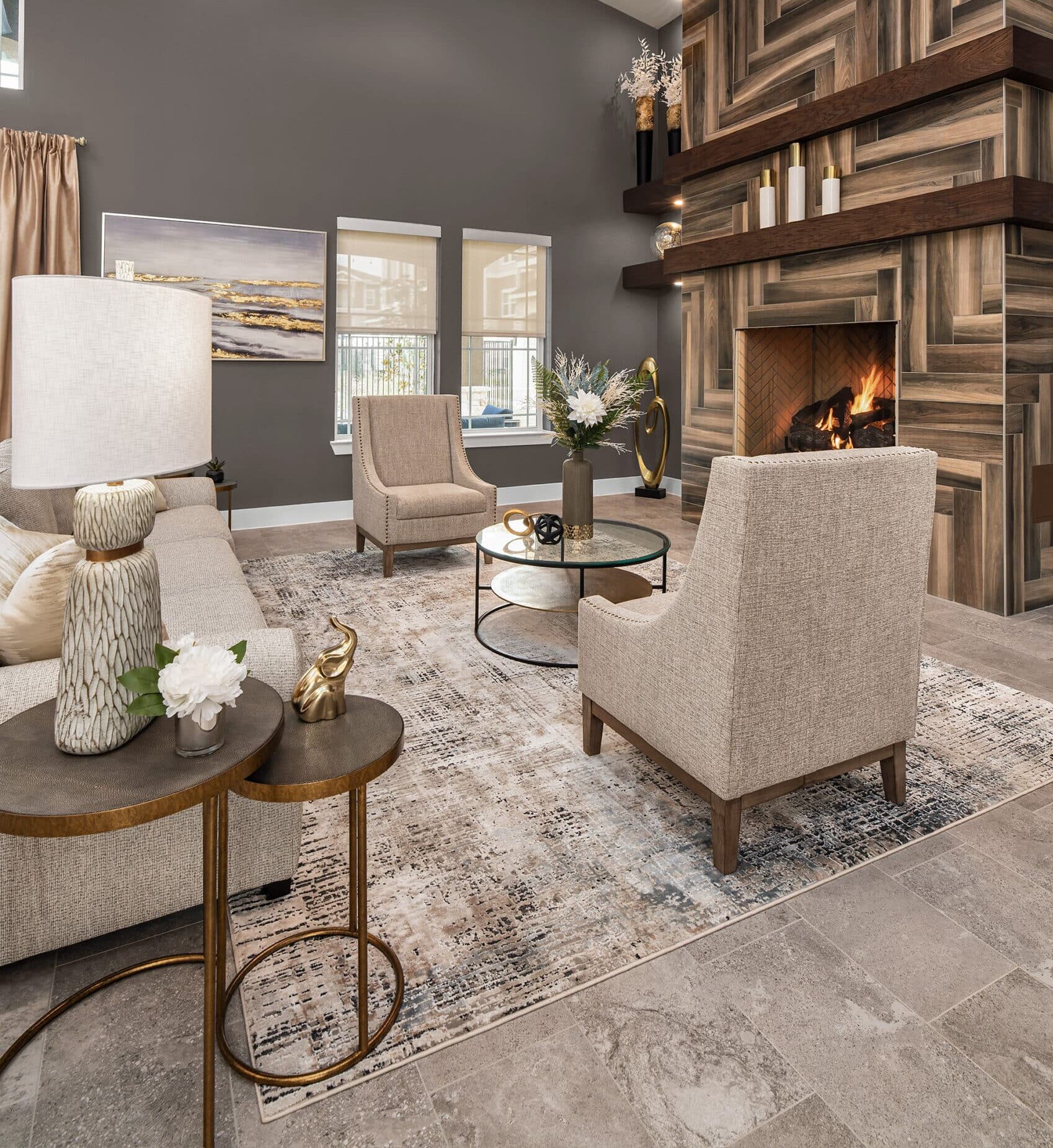 Area rug complementing the furniture, flooring, and finishes in a professionally designed living room